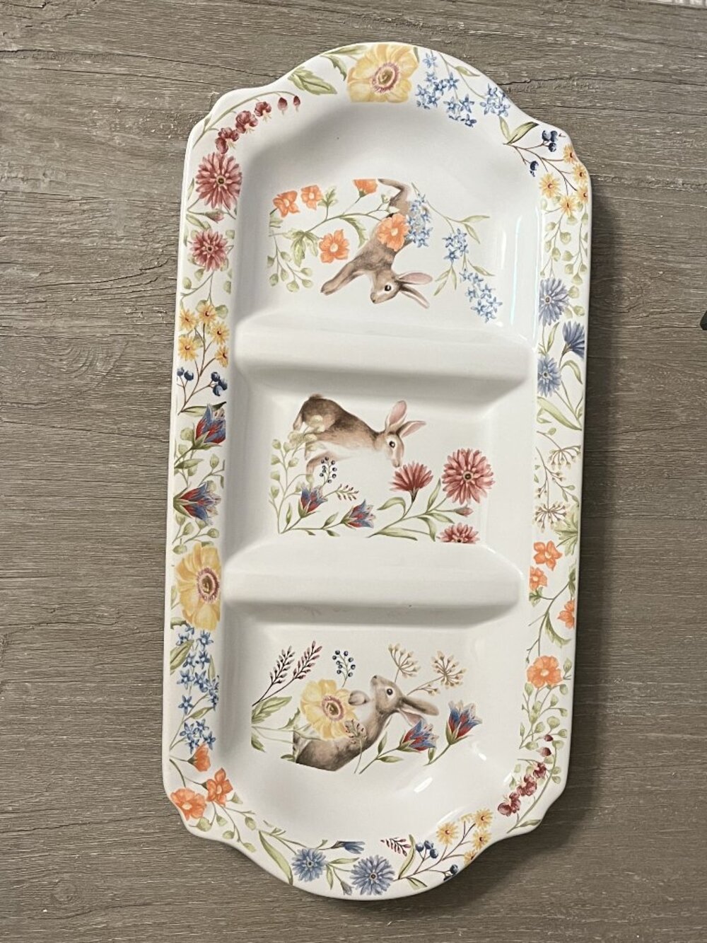 Pottery Barn Spring Garden Floral Rabbit Multi Condiment Serving Tray Platter